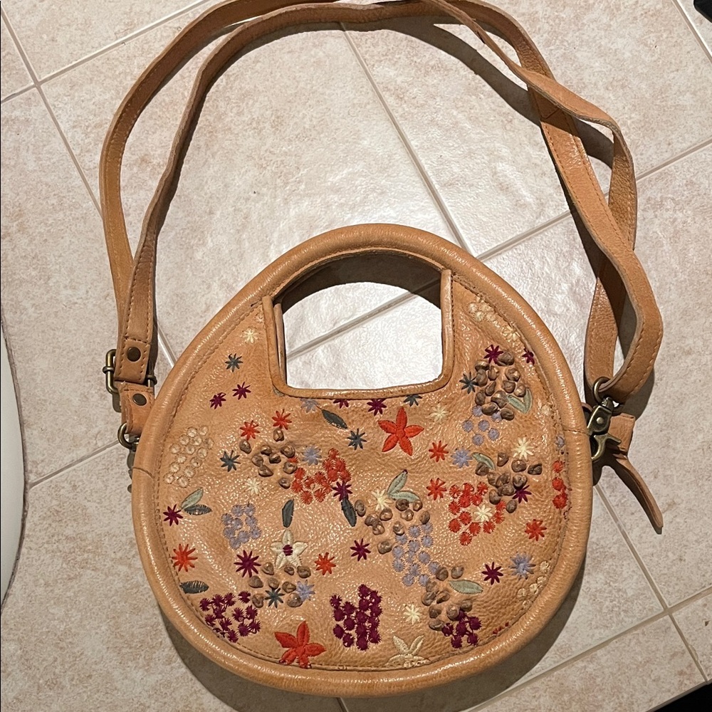 Latico Tan Leather Shoulder Bag with Floral Embroidery
